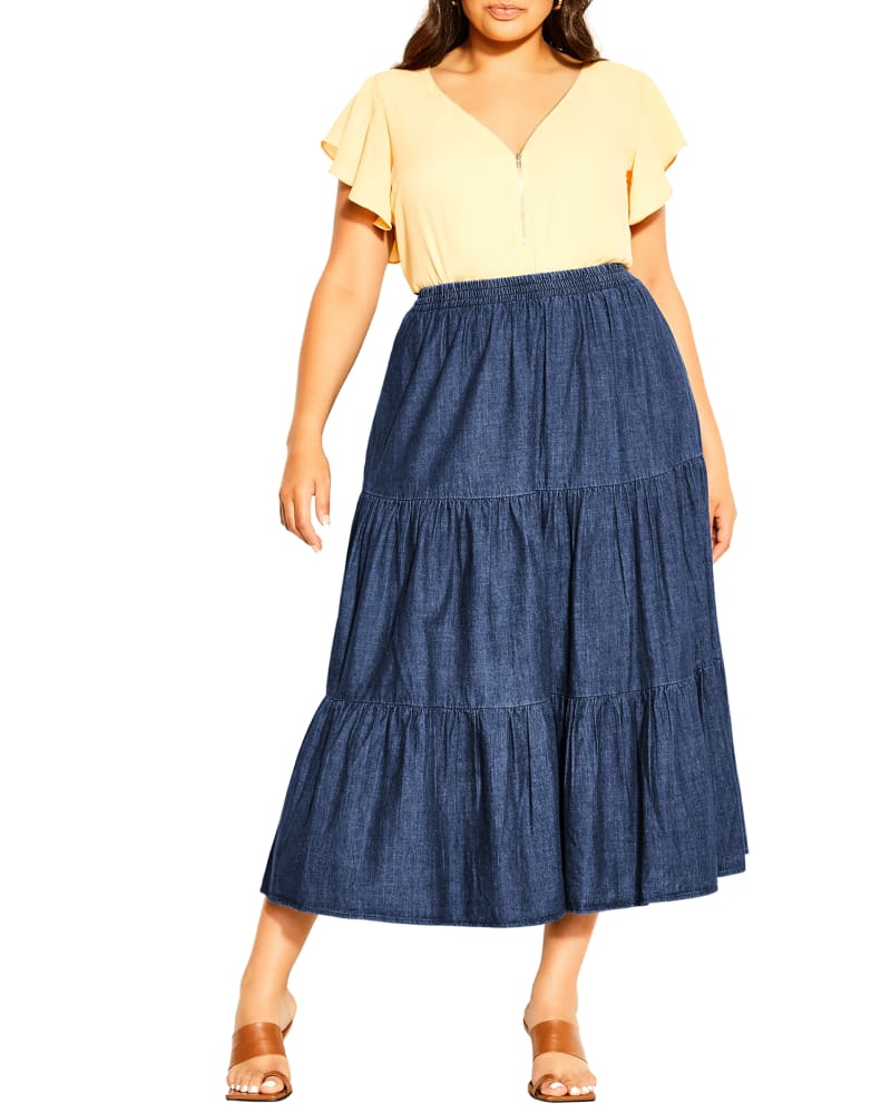 Tiered denim skirt plus size on sale